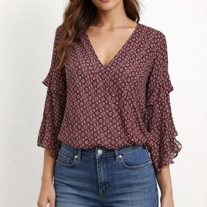 Floral V-Neck Ruffle Sleeve Blouse